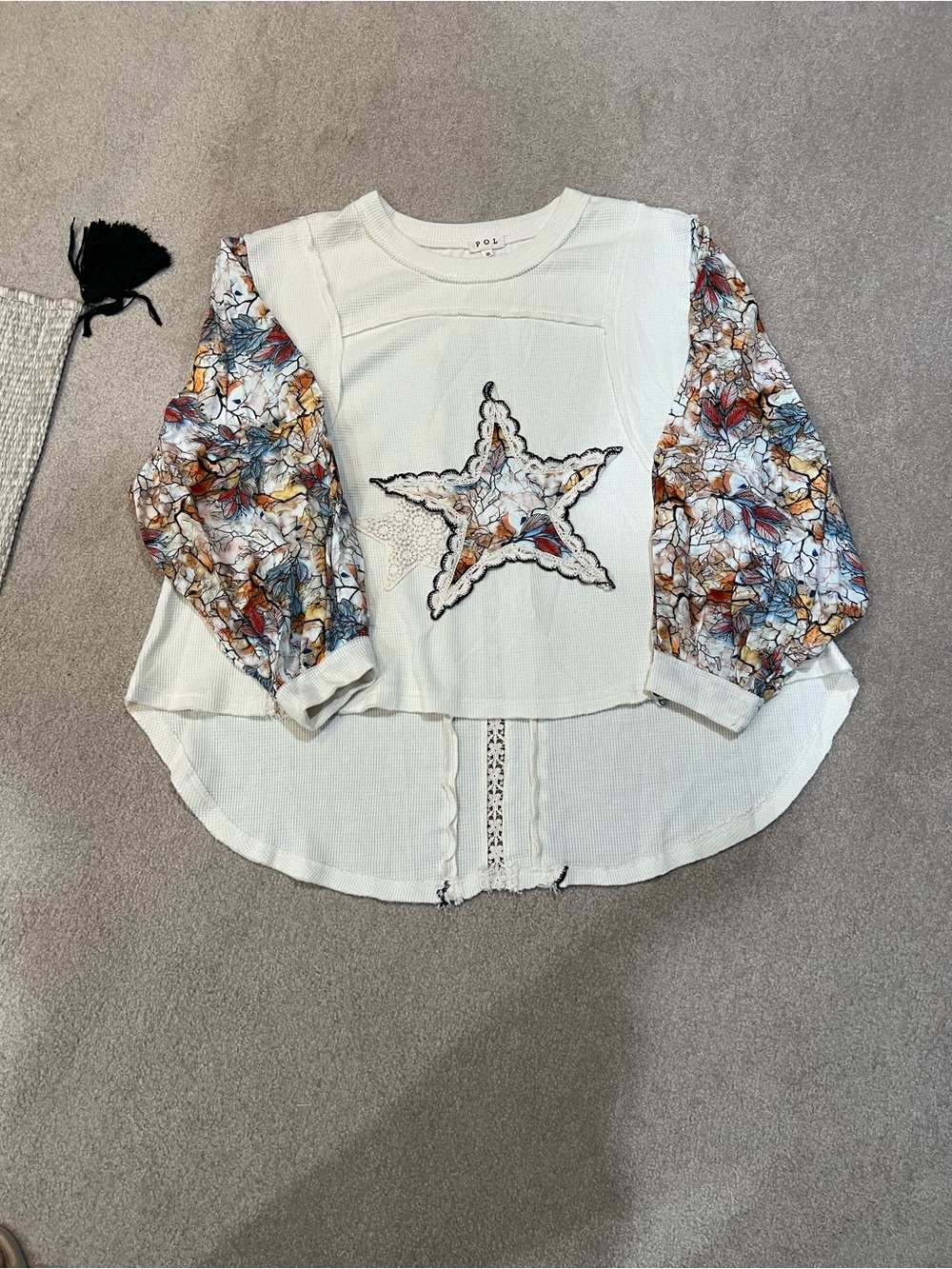 White Embroidered Star Boho Blouse with Floral Puff Sleeves